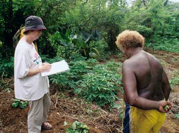 data_collect TerraCircle's Fiona Campbell collects information about agroforestry from retired soil scientist, Joseph Kirio (Suva'a Bay, North Malaita, Solomon Islands)